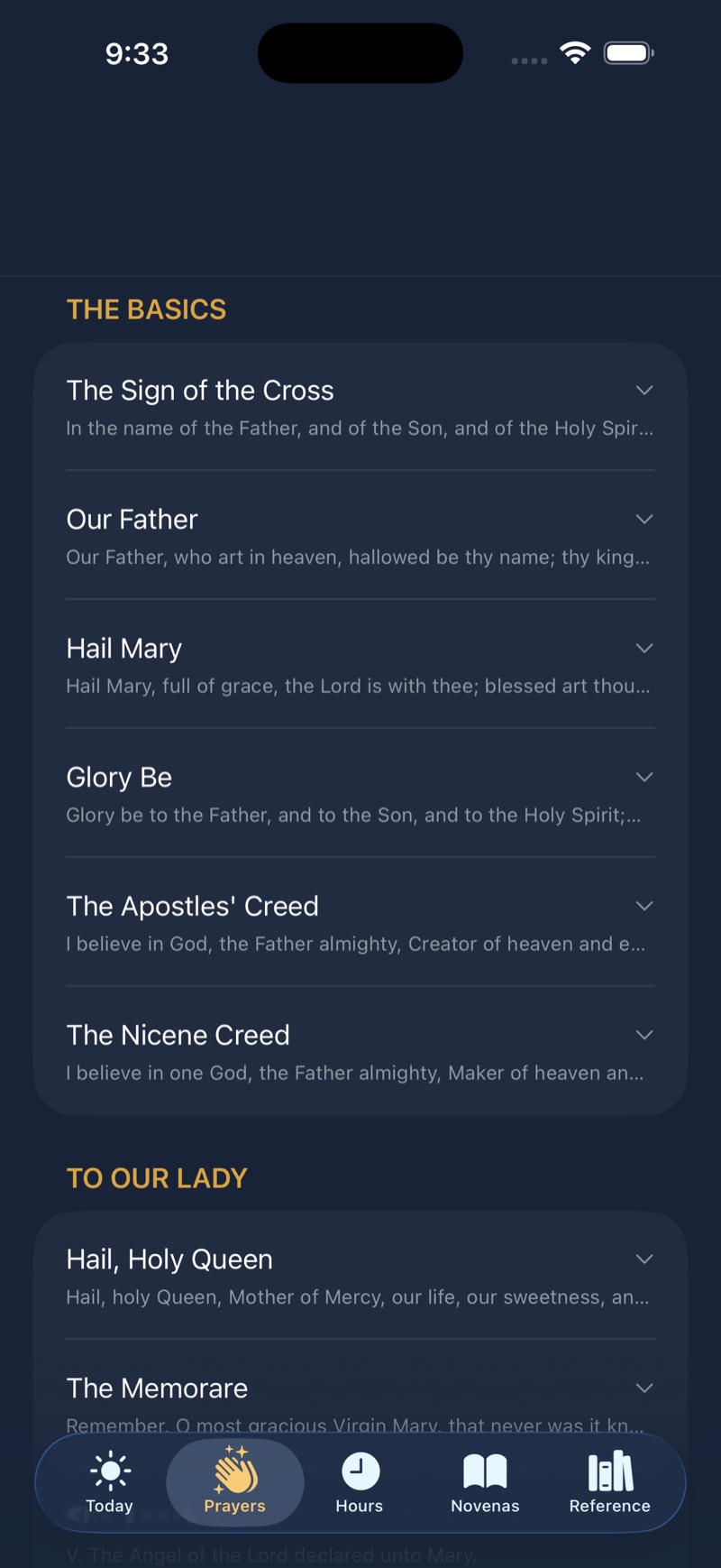 The Prayers tab: the common prayers of the Church