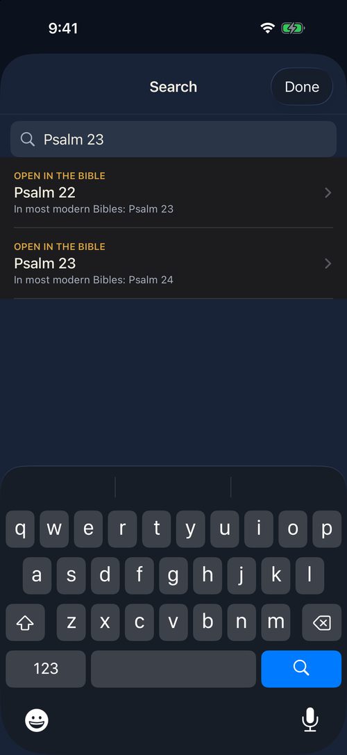 Search: “Psalm 23” opens the Douay’s Psalm 22, which most modern Bibles number 23